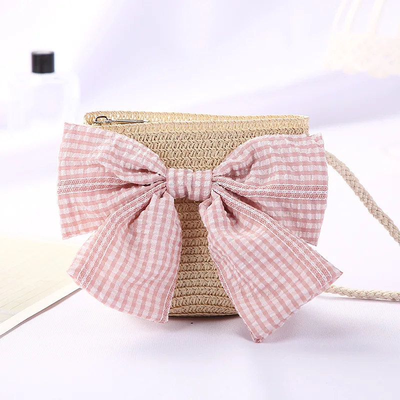 Children Straw Hat Bag Summer Beach Sunscreen Bucket Cap Colorful Flower Bowtie Bag Straw Hat Breathable For Baby Panama Caps