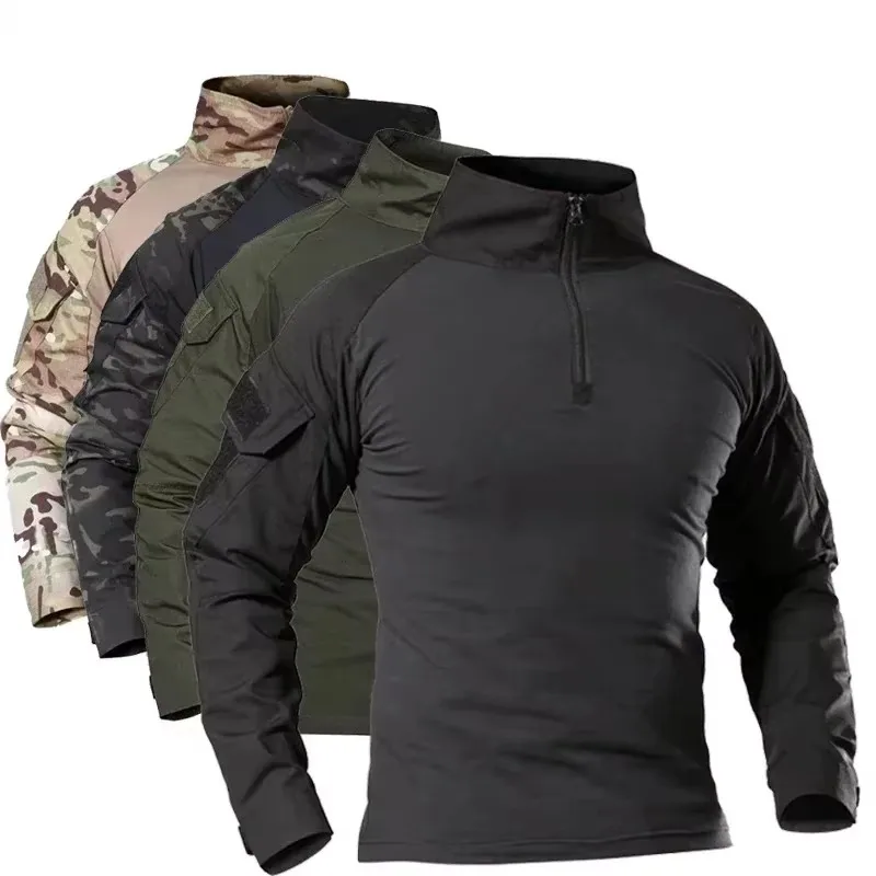 Chemise de Combat à manches longues pour hommes, fermeture éclair 1/4, vêtements de travail en coton Ripstop, chemises tactiques, camouflage Airsoft, t-shirts de Paintball