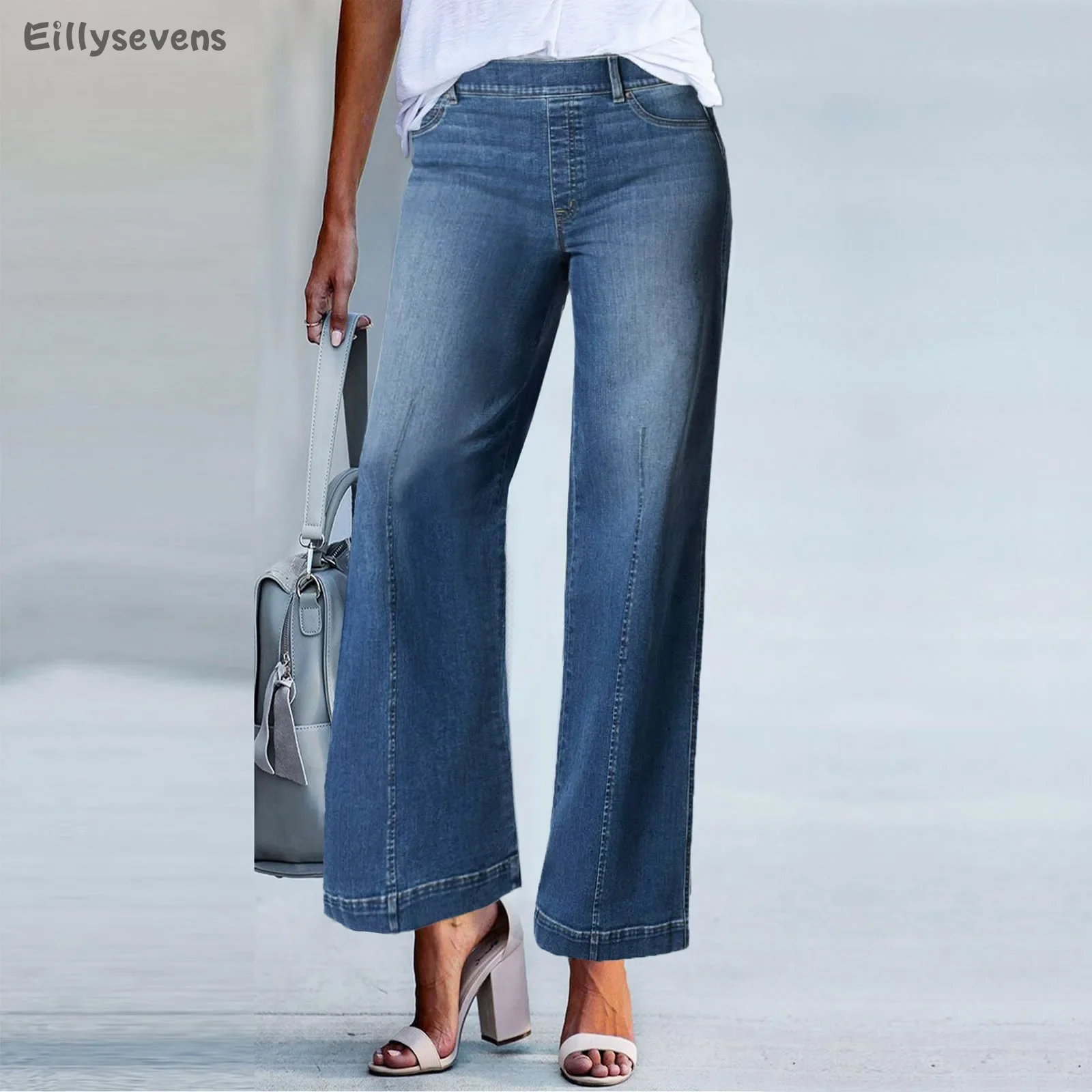 

Women Seamed Front Wide Leg Jeans Elastic Waist Stretch Denim Flare Jeans High Waisted Jean Bell Bottom Cropped Pants pantalones