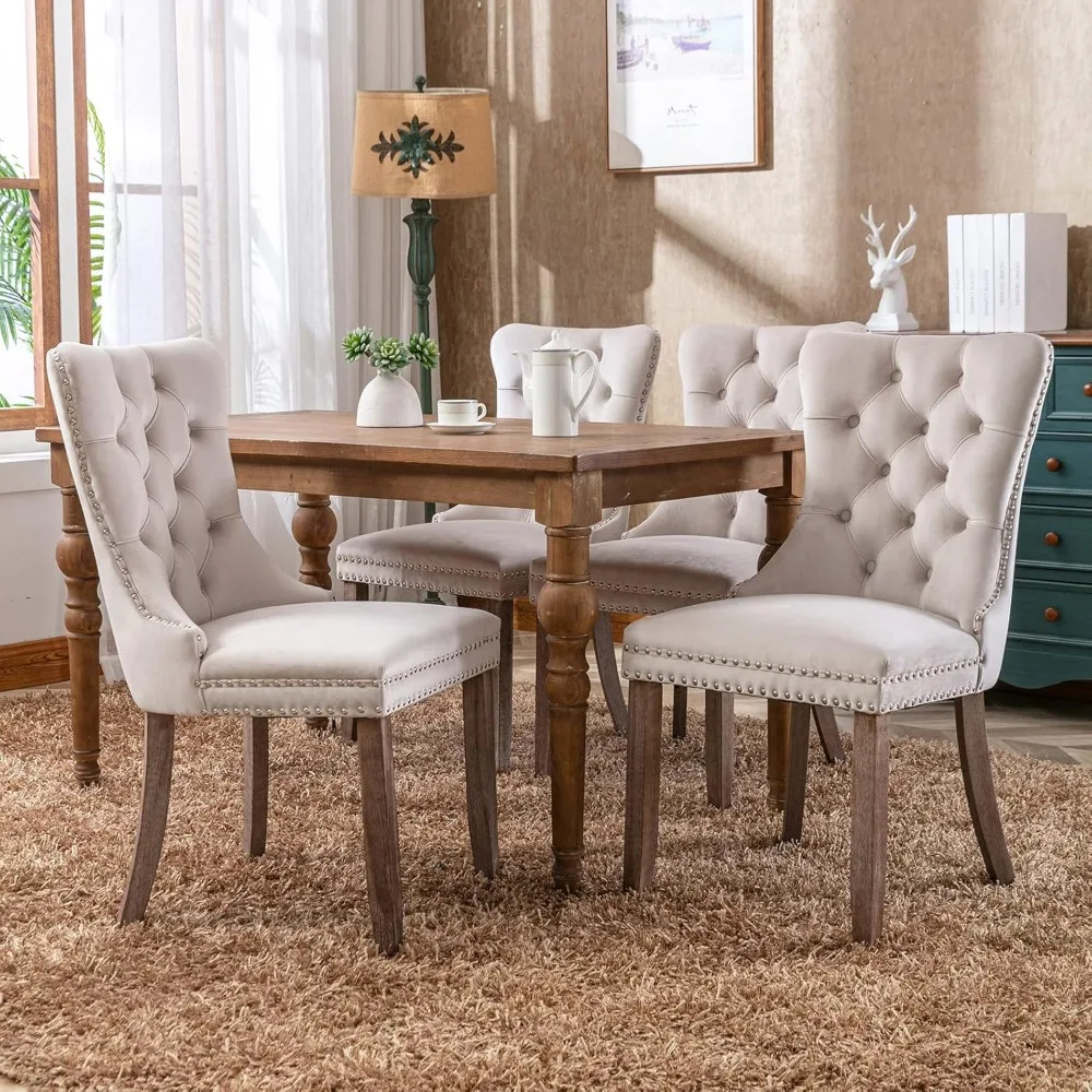 Beige Velvet Dining Chairs Set of 4, Kitchen & Dining Room Chairs Set of 4, Tufted Dining Chairs, Velvet Upholstered 3