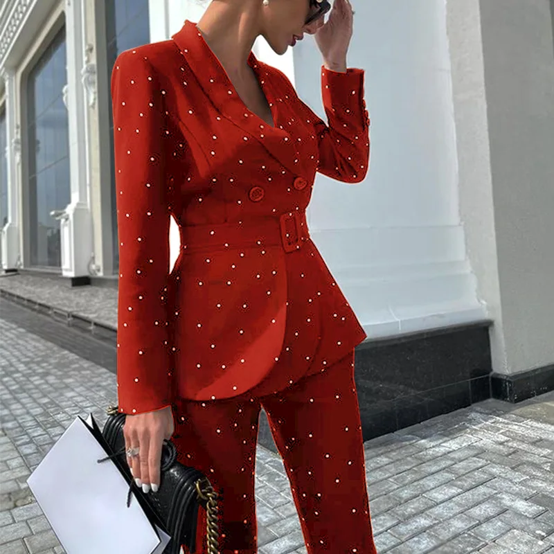 Black Autumn and Winter Style Elegant Women's Polka Dot Long-sleeved Office Suit Jacket New Two-piece Suit Pant Suits for Women