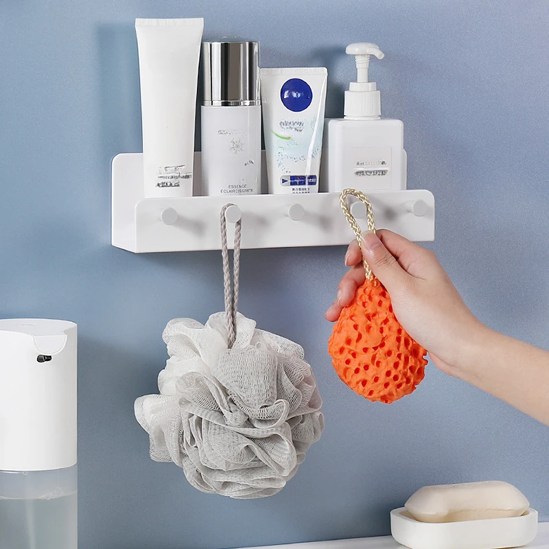 Description Picture 4 of itemBathroom Non-perforated Shelves with Five Hooks, Cosmetics Shelves, Kitchen Spice Storage Shelves, Sticky Wall Hook Racks