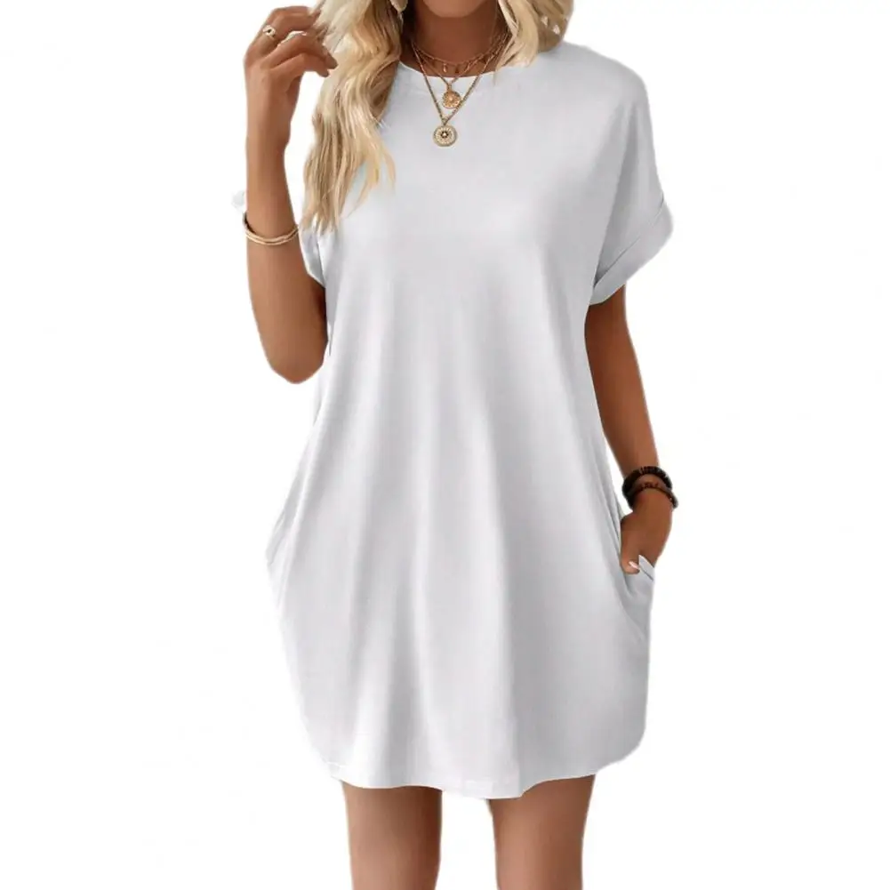 

Summer Dress Crew Neck Short Sleeves Loose Side Pockets Commute Office Dating Mini Dress فساتين طويلة