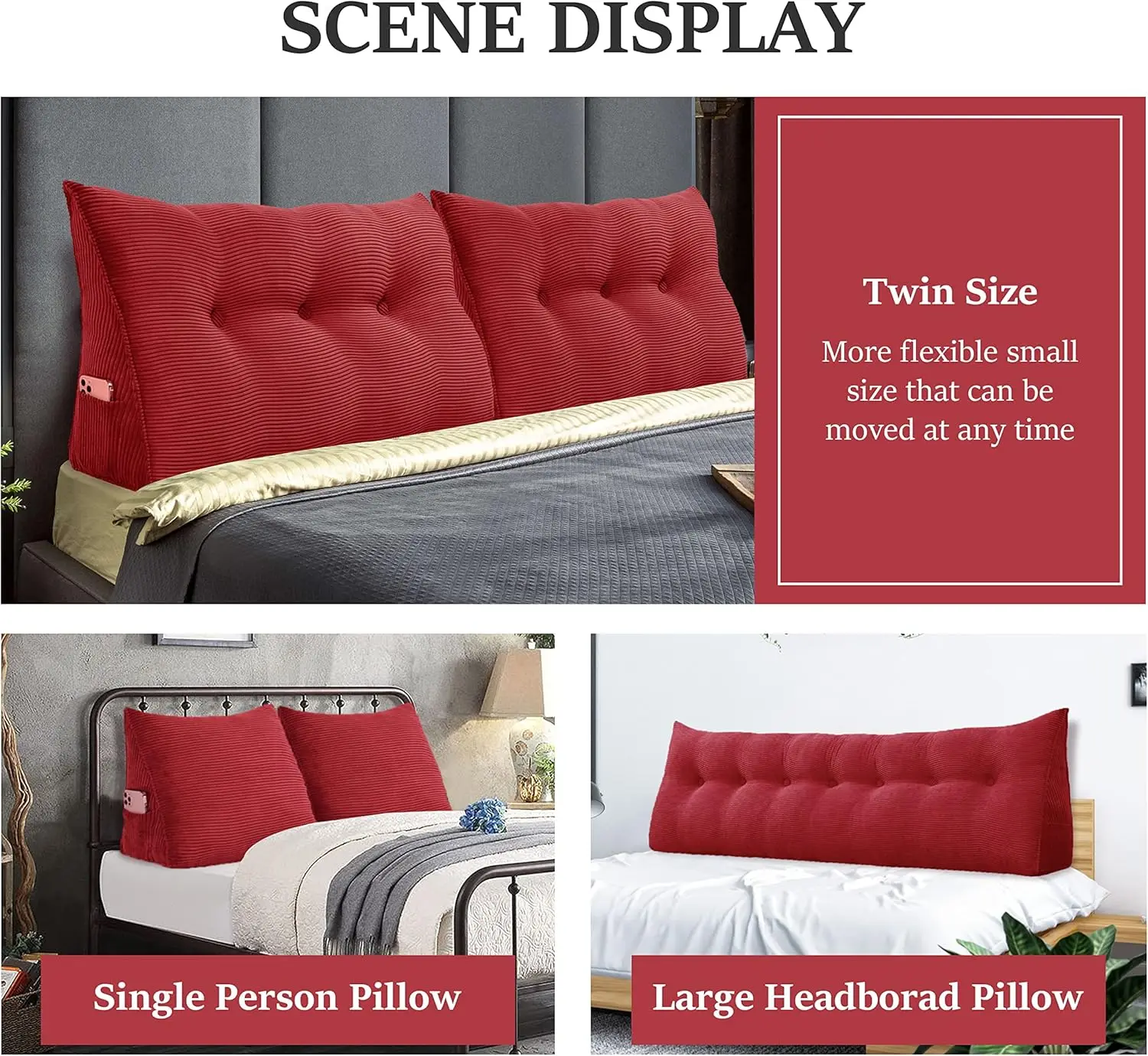 Headboard Wedge Pillow Triangular Bolster Pillows Backrest Bedrest Reading Pillow Lumbar Positioning Upholstered (Red,King)