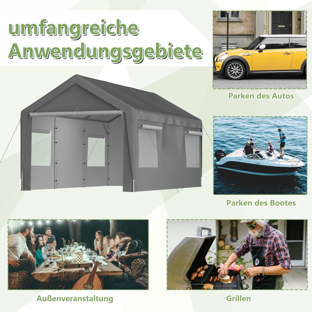 3x6m Grauer Winterfester Stahl-Carport: Garagenzelt mit Aufrollfenster, Abnehmbaren Seitenwänden/Dachabdeckung für Auto, SUV, Boot, LKW – Detail 7