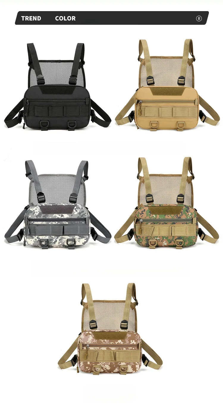 Military enthusiasts wearing vests, charter planes, chest trendy tactical shoulder bags, running hiking backpacks,_voghion.com