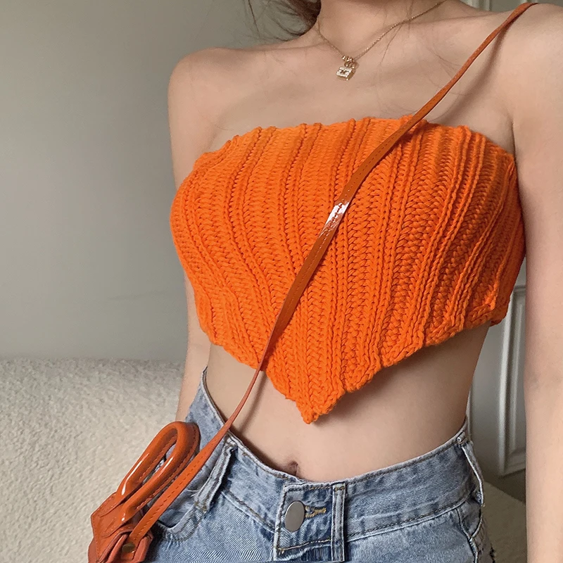 

Y2k Sexy Knitted Crop Tops Women Bandeau Tube Top Strapless Sleeveless Solid Color Hanky Hem Tank Summer Camis Streetwear