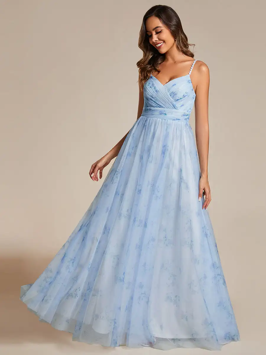 

Elegant Evening Dresses V-Neck Floral Printed Empire Waist Spaghetti Strap 2024 Ever Pretty of Ice blue Bridesmaid Dress