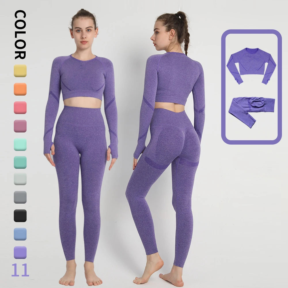 

Seamless Tight Yoga Set Sports Long Sleeve Leaky Umbilical Top Fitness High Waist Leggings 2 Pcs Women's Sports and Fitness Suit