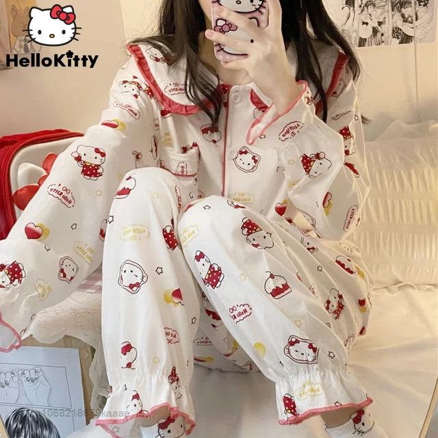 Sanrio Hello Kitty Pajamas Pants Kawaii Pijama Y2k Pyjama Pink Fluffy Suit  Long-sleeved Trousers Onesize Cardigan Outfit Women