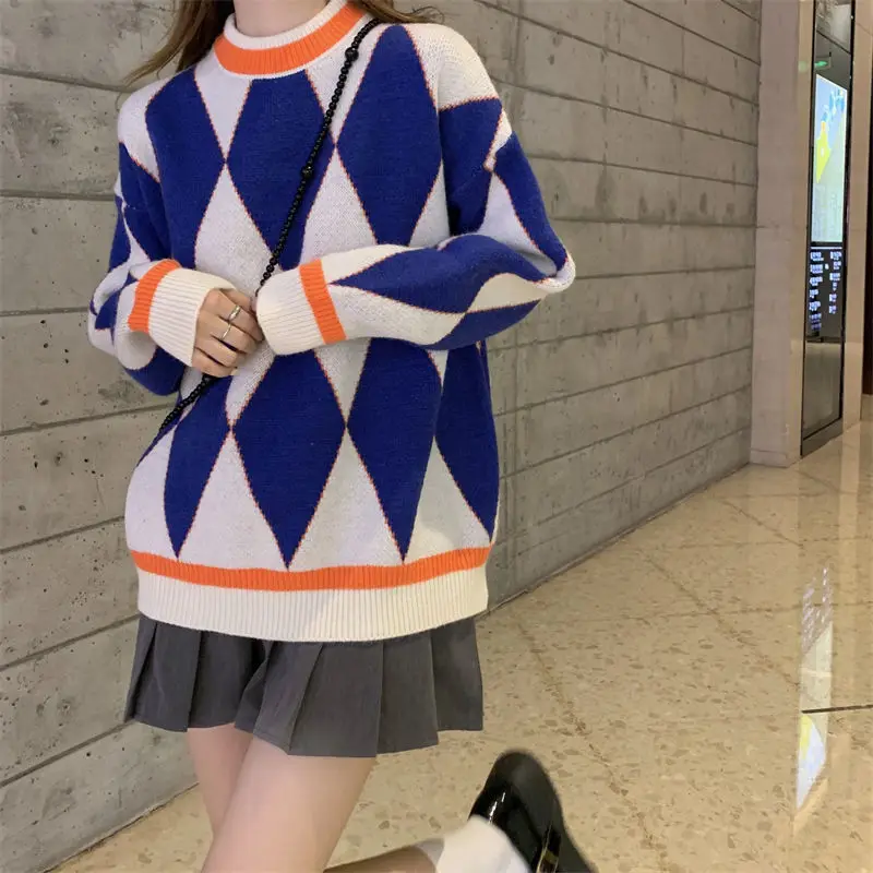 argyle sweater New Fashion Women Stitching Plaid Sweater Sweet Loose and Versatile Warm Knit Top for Women pink cardigan