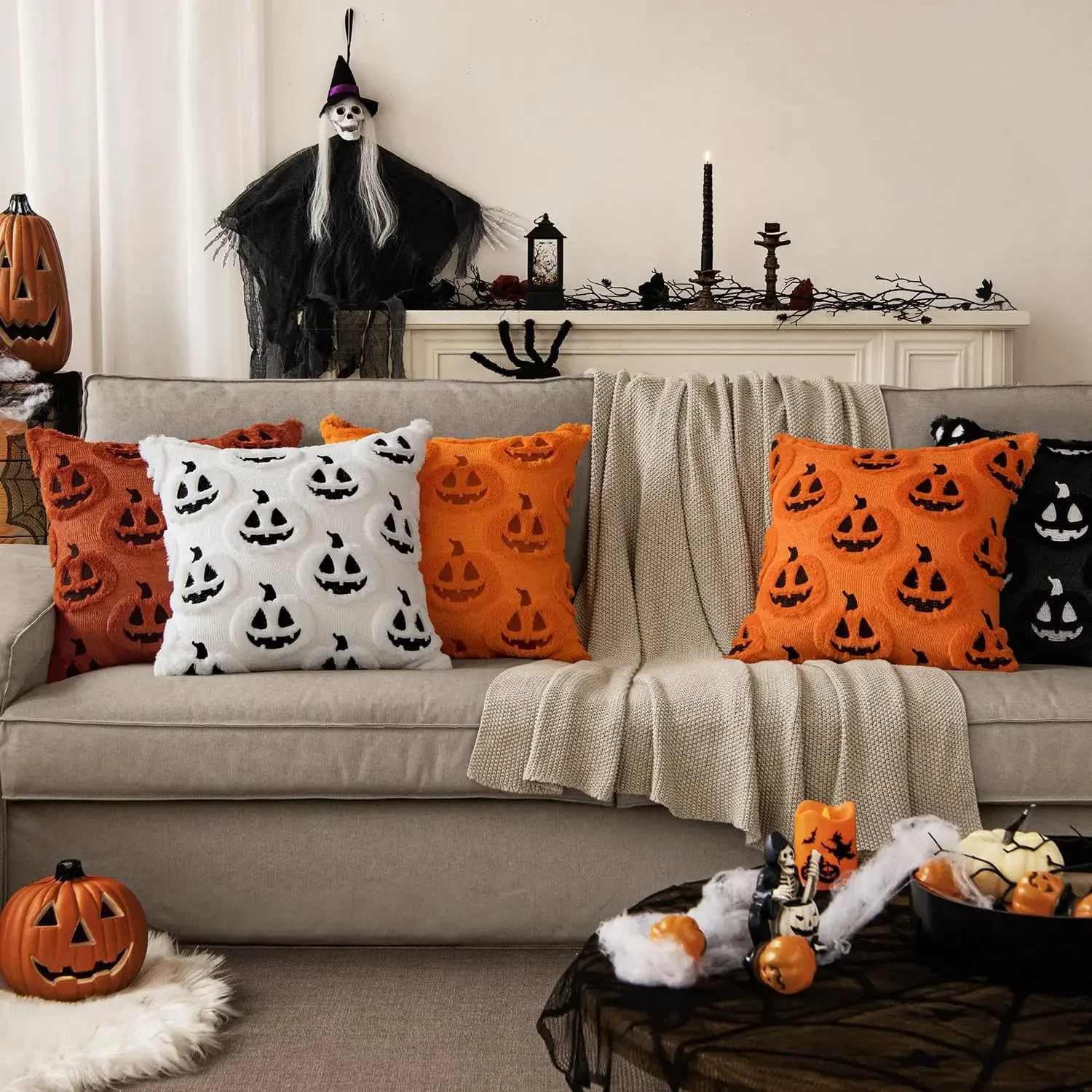Halloween Pillow Covers,45x45,Decorative Pumpkin Pattern Pillowcase Soft Plush Faux Wool Cushions for Home Sofa Couch