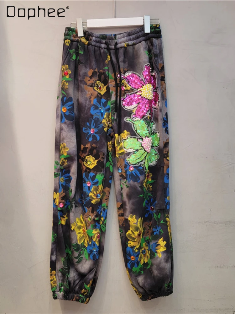 

Personalized Casual Floral Diamond Beaded Ankle Banded Pants Female 2023 Winter New Women's Fashion Loose Trousers Sweatpants