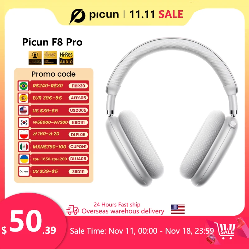 Picun F8 Pro ANC Wireless Headphones, 3D Spatial Audio, Head Tracking,-52dB ANC, HIFI, Bluetooth Headset, ENC, HD Mic, Low-Latency, APP, wireless headphones,noise cancelling headphones