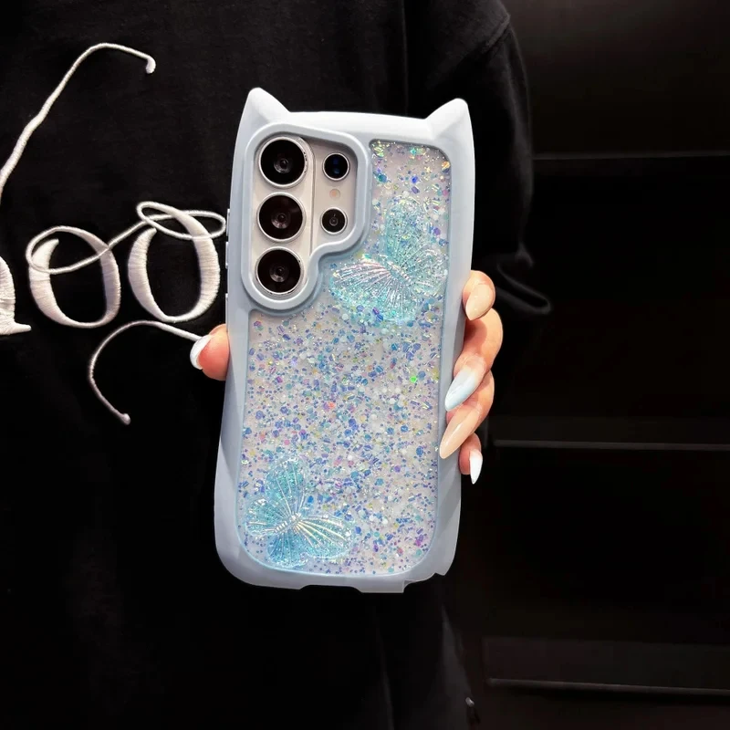 Cat Ear Butterfly Glitter Clear Shockproof Soft TPU Phone Case