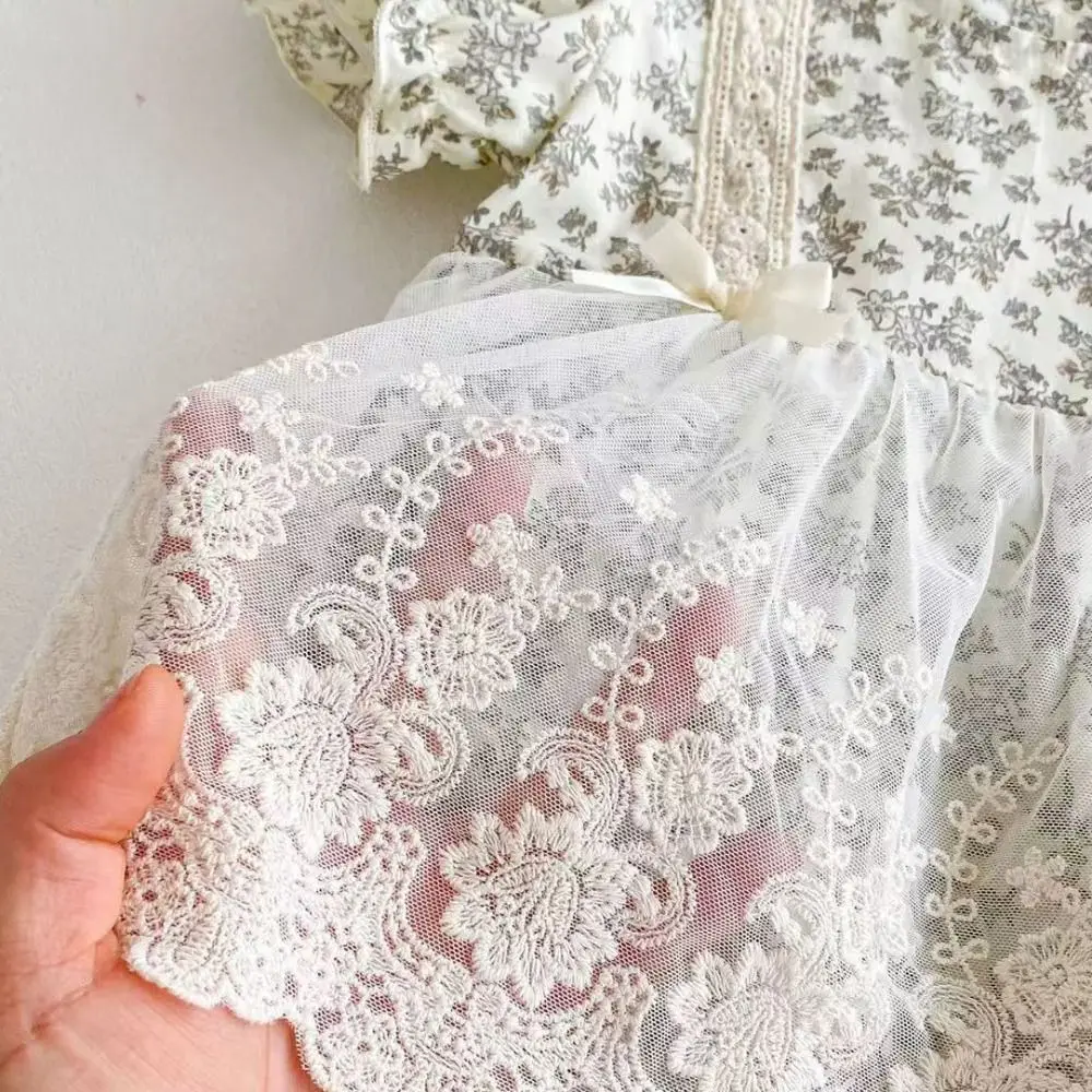 Casual Outfit Lace Mesh Baby Jumper Dress Bowknot Bodysuit Flower Baby Jumpsuit Fluffy Cotton Toddle Climb Suit Gifts