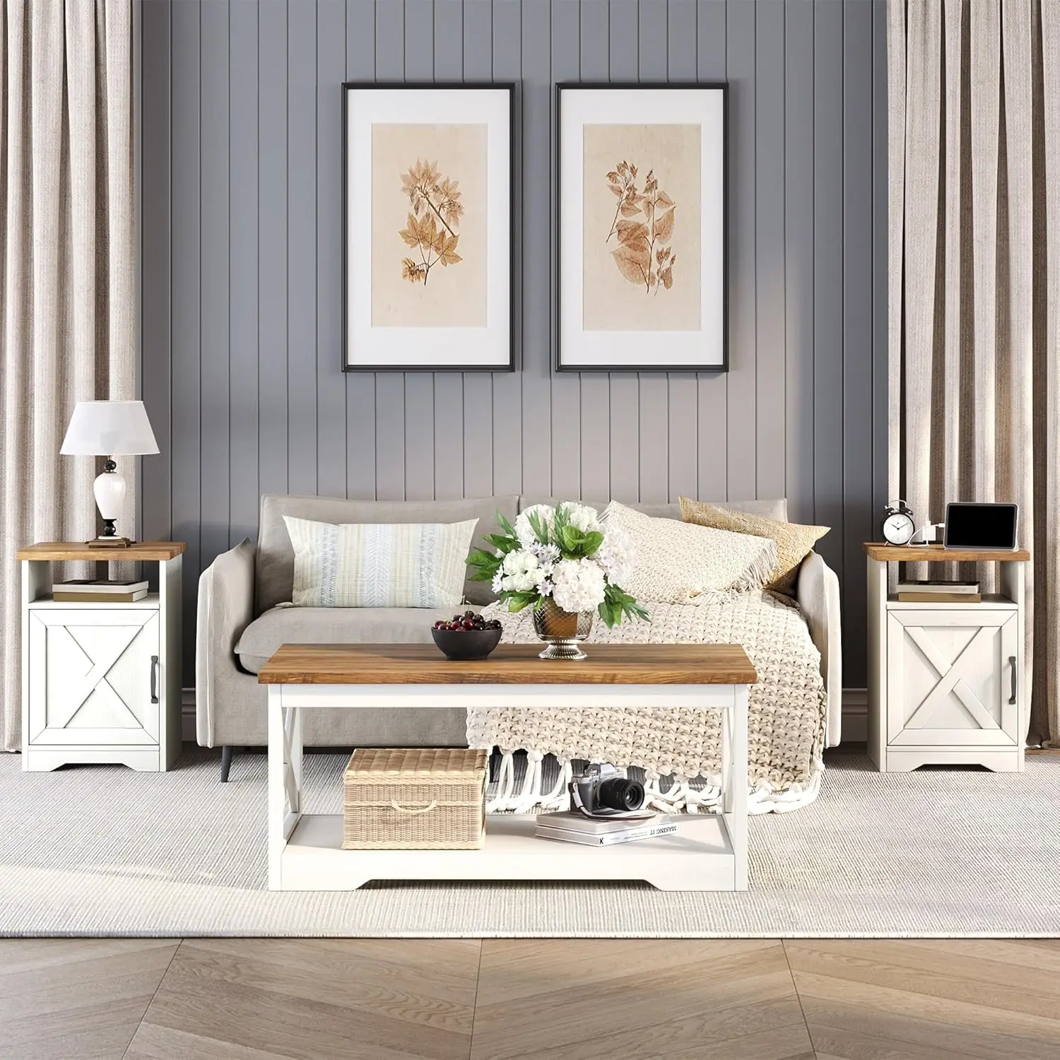 3-Piece Farmhouse Living Room Table Sets, Includes 1 x Coffee Table, 2 x End Tables with Charging Station & USB, Customized