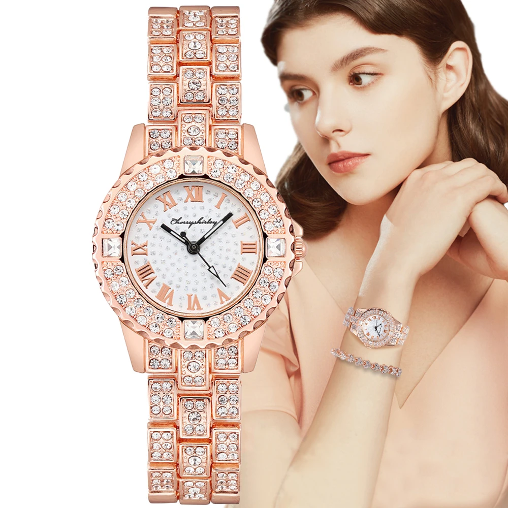 

Luxury Brand Rome With Diamonds Women's Quartz Watch Fashion Crystal Stainless steel strap Girls Clock Gifts Wristwatches