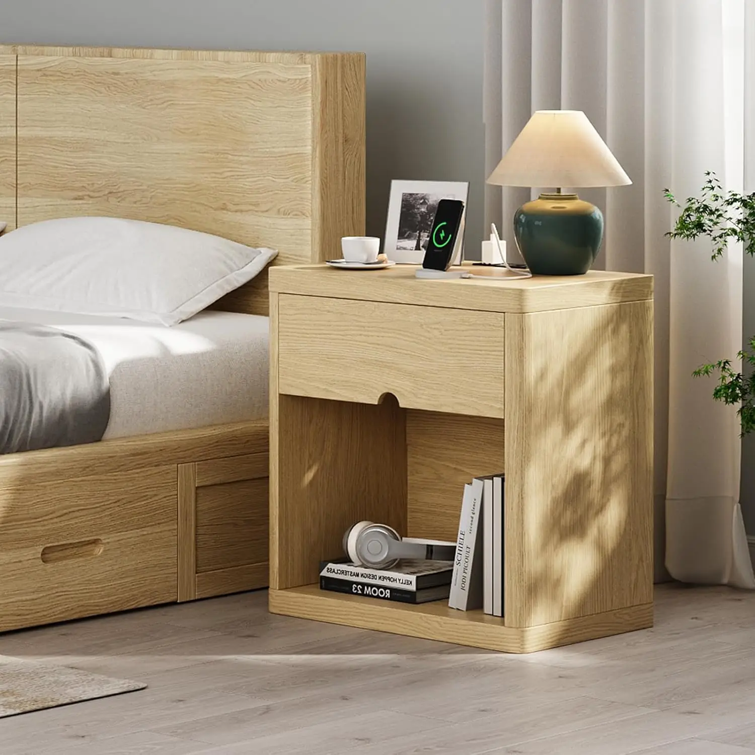 24" Wide Modern Nightstand with Drawer Storage Smooth Crescent Design Bed Side Table Large Wide End Table Minimalist Bedside