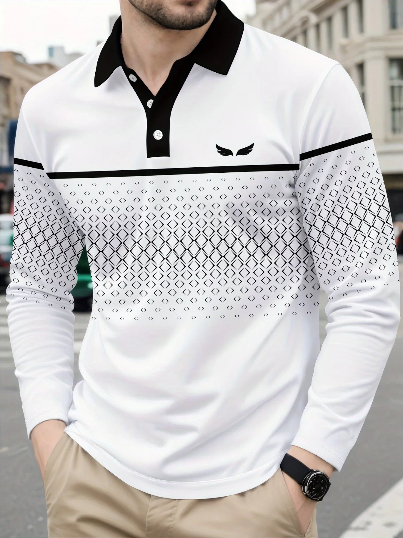 The new men's long-sleeved POLO shirt for Spring and Autumn 2025 features street fashion and comfort with 3D pattern printing