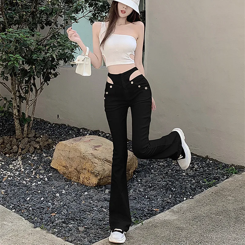 Cut-out high-waisted micro bell-bottom pants Spice girls thin floor long pants niche design sense casual women's pants high stre