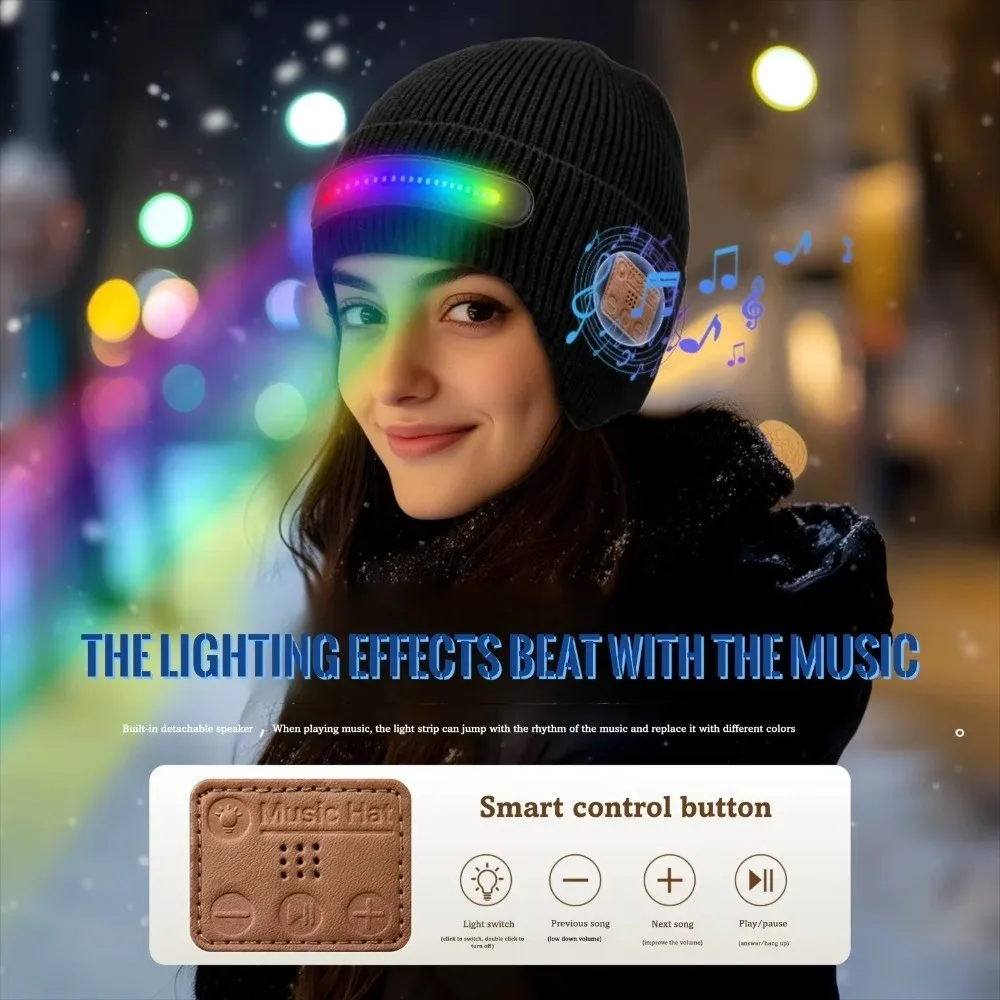 USB Rechargeable LED Lighted Beanie Hat Built-in Speaker Mic Detachable Bluetooth Earflap Hat Three-Stage Lighting
