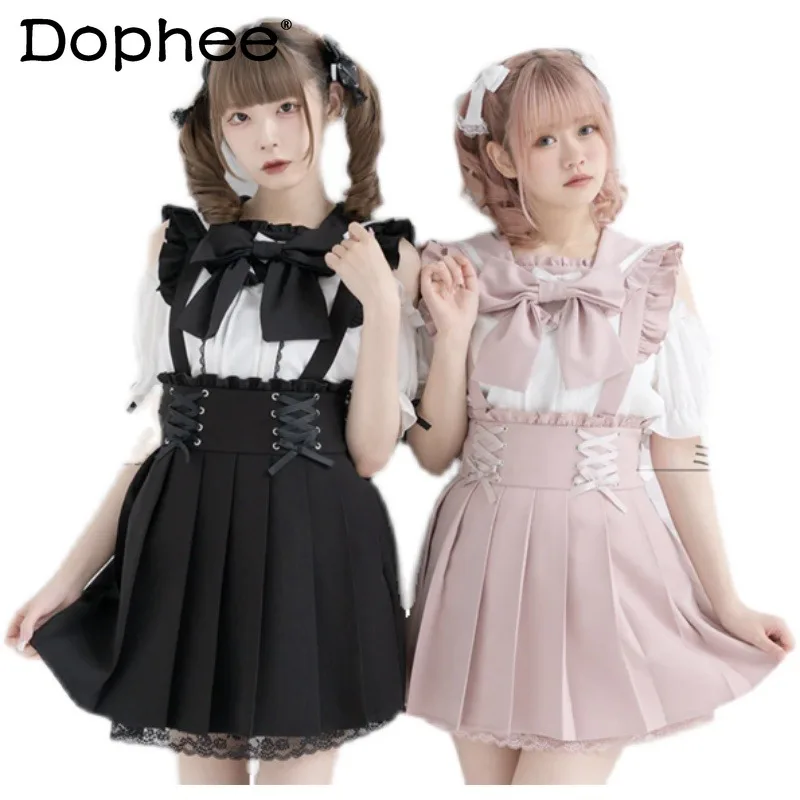 

Summer Women's Clothing New Suspender Skirts Wooden Ear Lace Bow Lady Joker Pleated Skirt Lace Edge Sweet Short Pleated Skirt