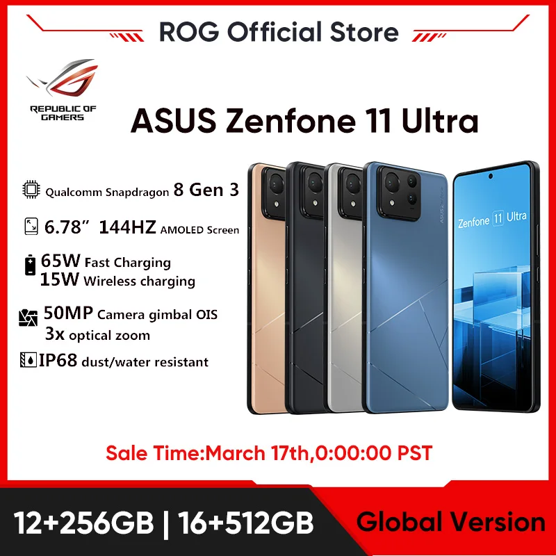 Versione Globale Asus Zenfone 11 Ultra Smartphone Snapdragon 8 Gen 3 5G 6.78 "144Hz Schermo Amoled 65W Ricarica Fotocamera 50Mp Ip68