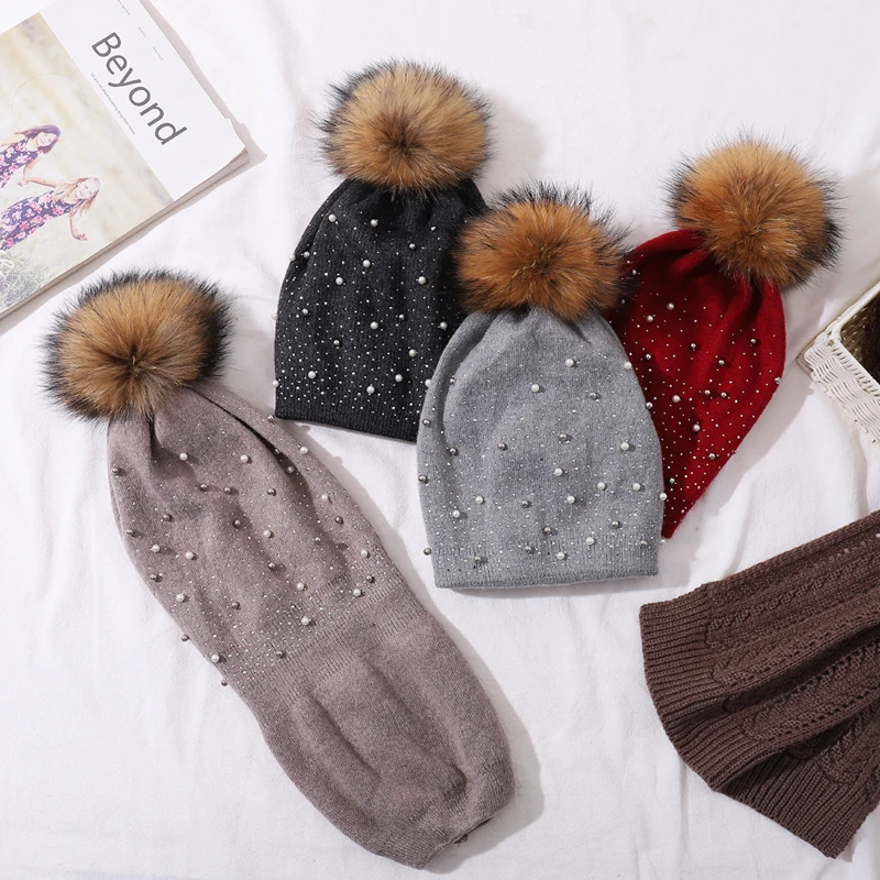 CNTANG Women Wool Knitted Hats Winter Warm Fashion Decorative Pearl Beanies Natural Raccoon Fur Pompom Hat Ladies Casual Cap 3