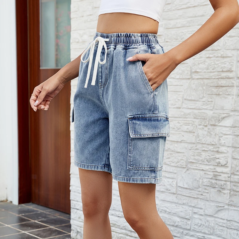 Women's Wide Leg Gradient Blue Retro Denim Shorts New Summer Female High Waist Loose Drawstring Short Jeans Streetwear Capris