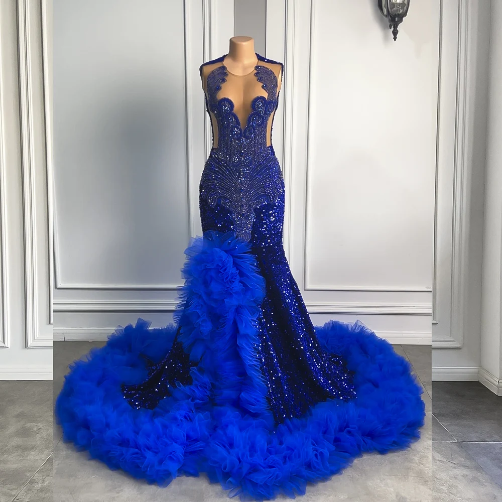 Long Elegant Prom Dresses 2025 Luxury Diamond Royal Blue Sequin Black Girls  African Women Prom Gala Gowns With Ruffles - AliExpress