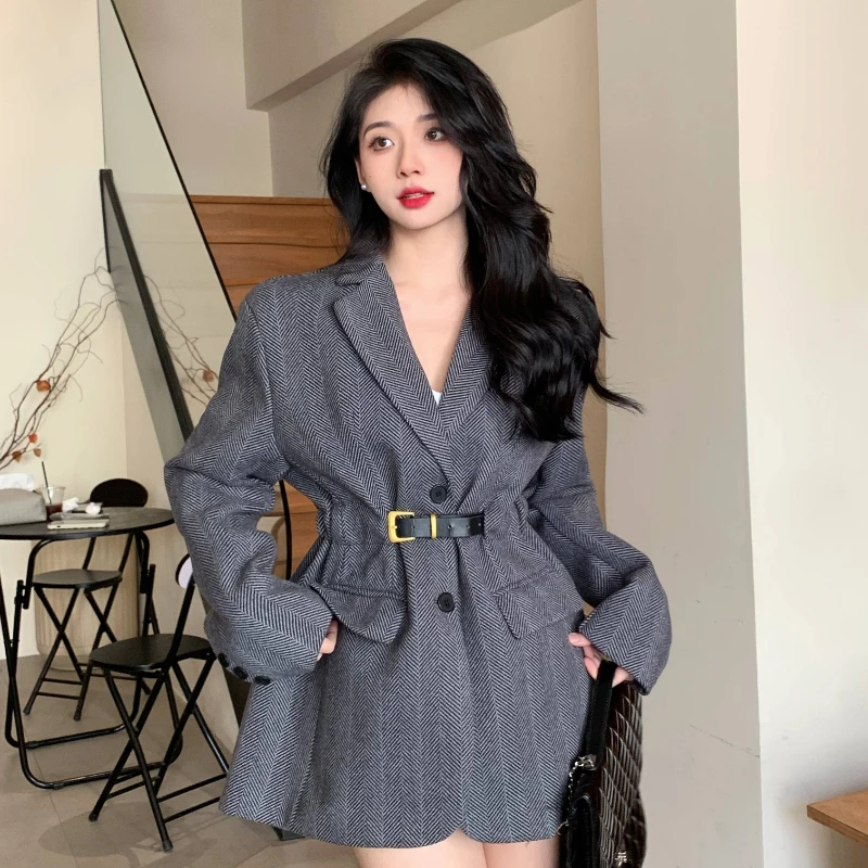 

Women's Autumn Vintage Casual Waist Herringbone Pattern Blazers Suit Coat Commuter British Style Fleece Loose Belt Suit Coats