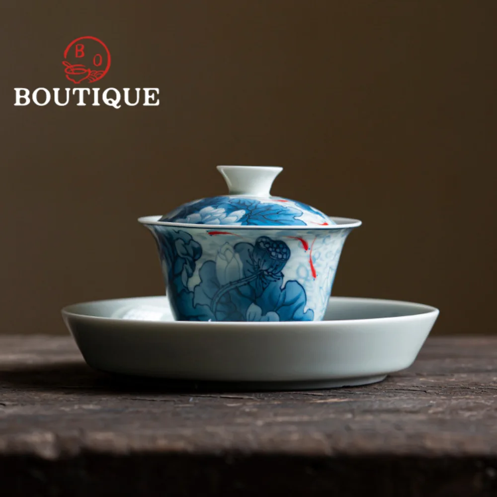 135ml Blue and White Sancai Covered Bowl Tea Tureen Hand Painted Lotus Fish Lotus Chinese Style Household Ceramic KungFu Tea Set