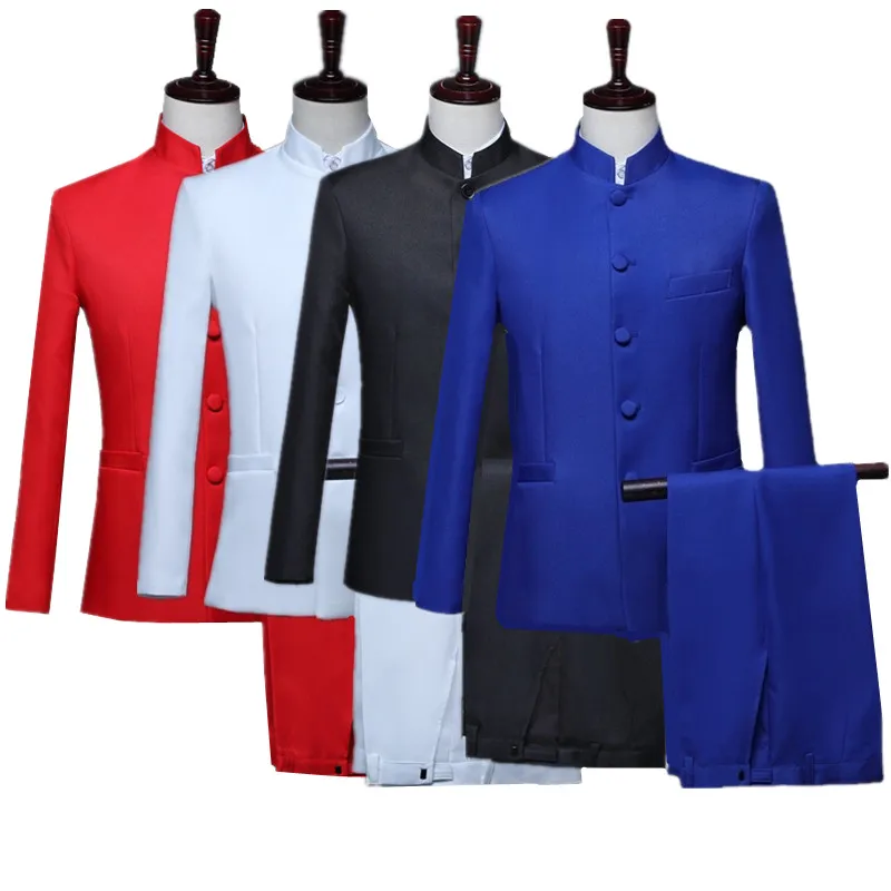 Formal Suit New Men Pure Colour Business Formal Wedding Banquet Suit 2 Piece Red / White Male Chinese Style Standing Collar Blazer Trousers