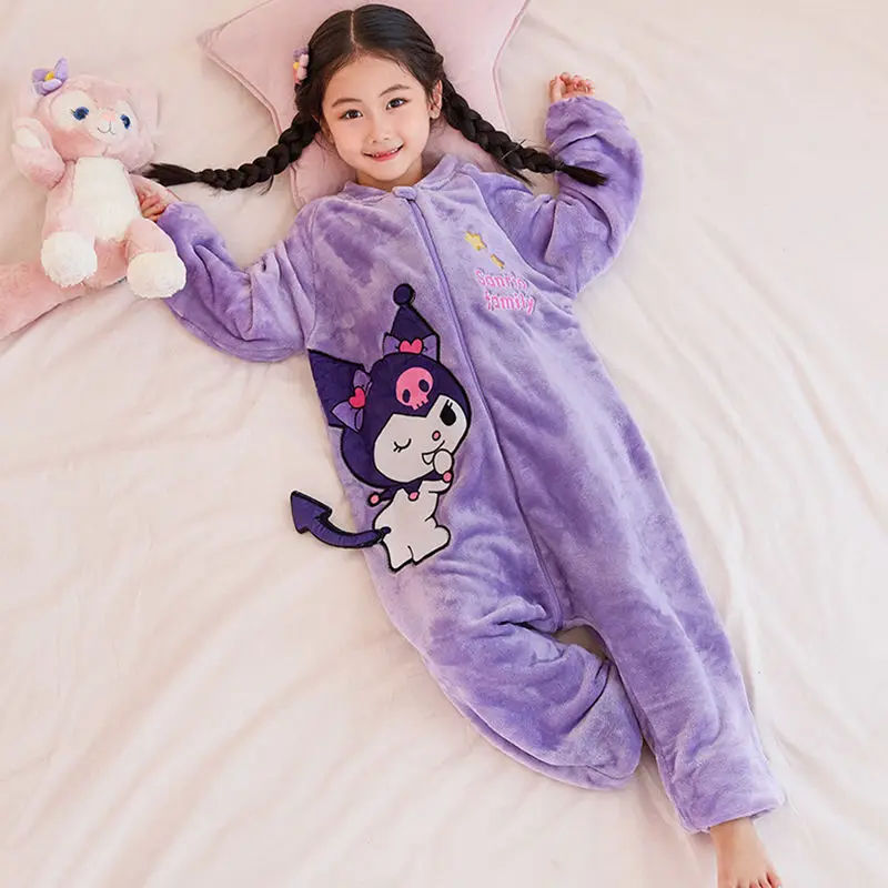 

New Kawaii Cartoon Sanrios Plush Jumpsuit Pajamas Kuromi My Melody Cute Anime Winter Children Pajamas Coral Fleece Sleeping Bag