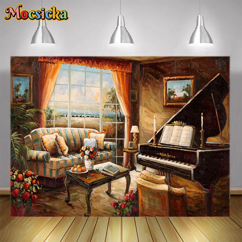 

Фон для фотосъемки в стиле ретро с изображением масляной живописи комнаты декор для винтажной портретной фотосъемки с изображением пианино дивана цветка реквизит для студийной съемки