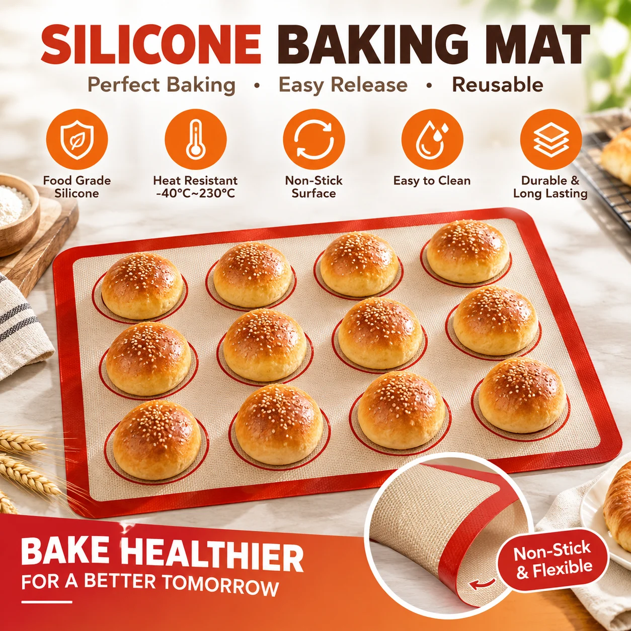 Premium Non-Stick Silicone Baking Mat Set - Heat Resistant & Reusable