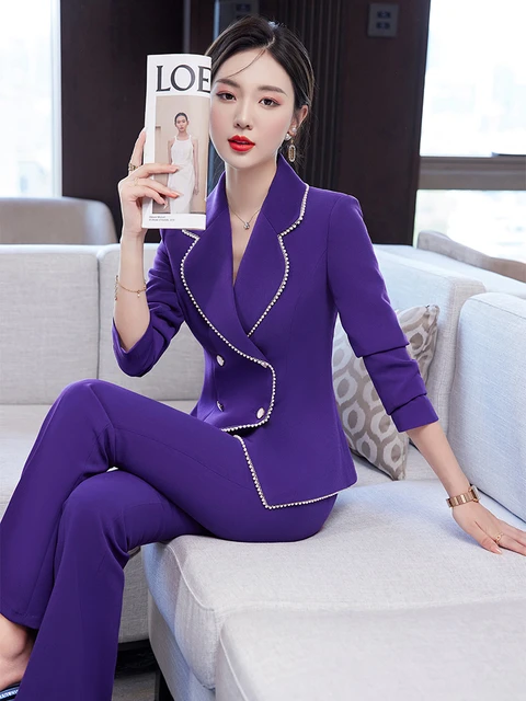 Purple Black Double Breasted Women Pant Suit Blazer Office Lady