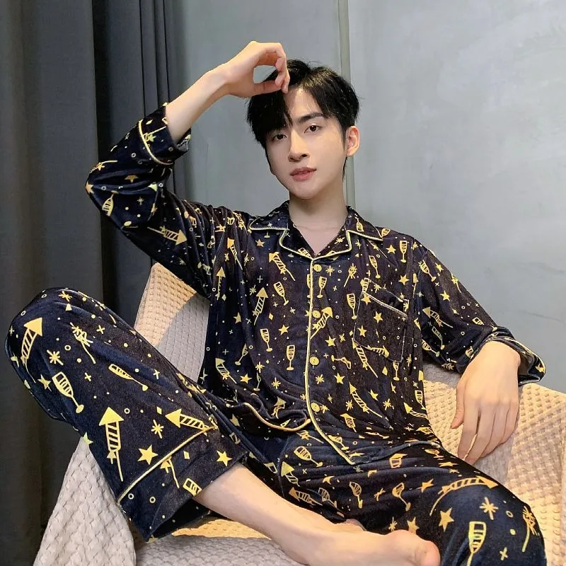 2024 New Gold Velvet Men's Pajamas Autumn Winter Long Sleeves Long Pants Loungewear Light Luxury Homewear Suit V-neck Sleepwear