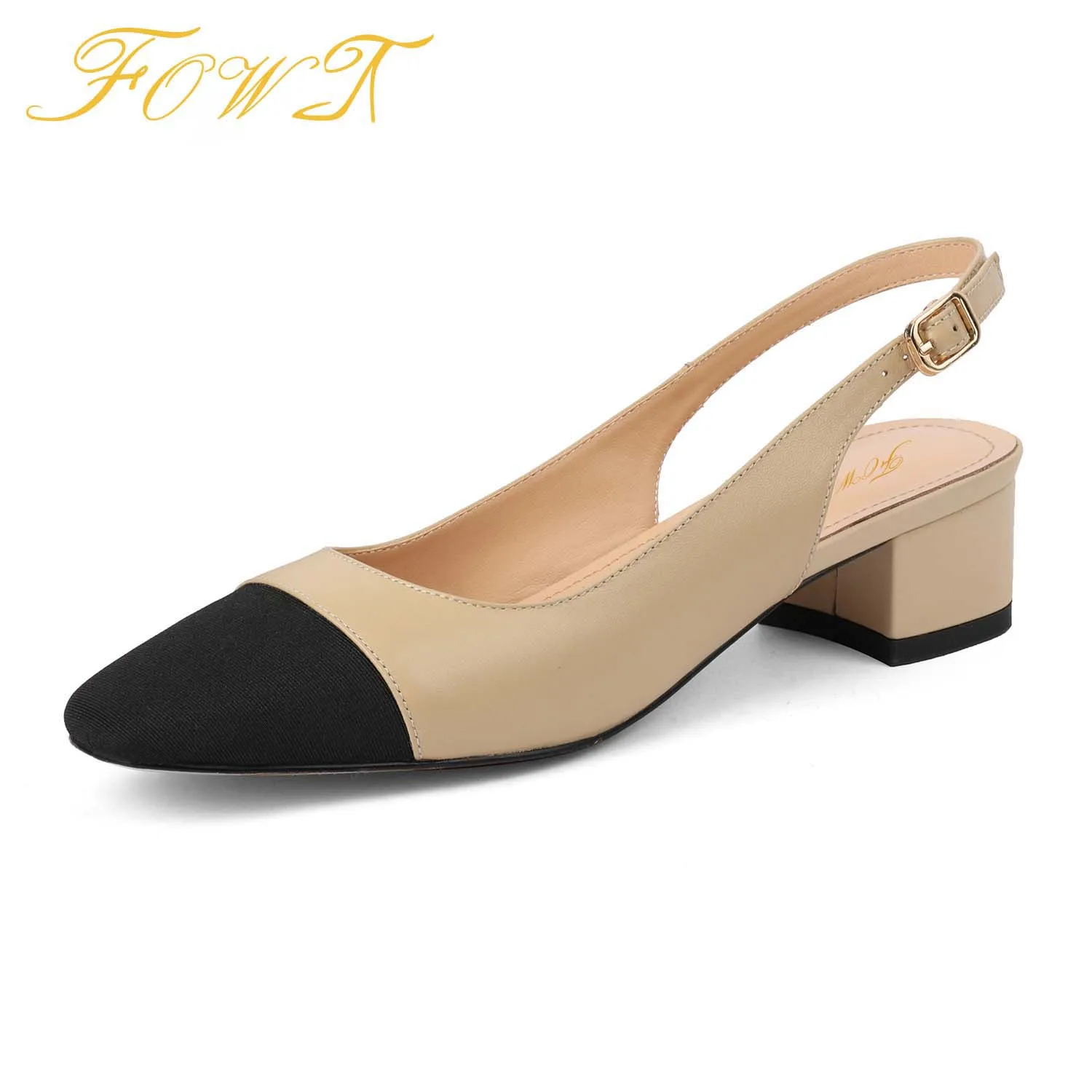 

FOWT Womens Slingback Cap Toe Pumps Smooth 2022 Summer Genuine Cow Leather Round Toe Mid Chunky Heels Mules Casual Walking Shoes