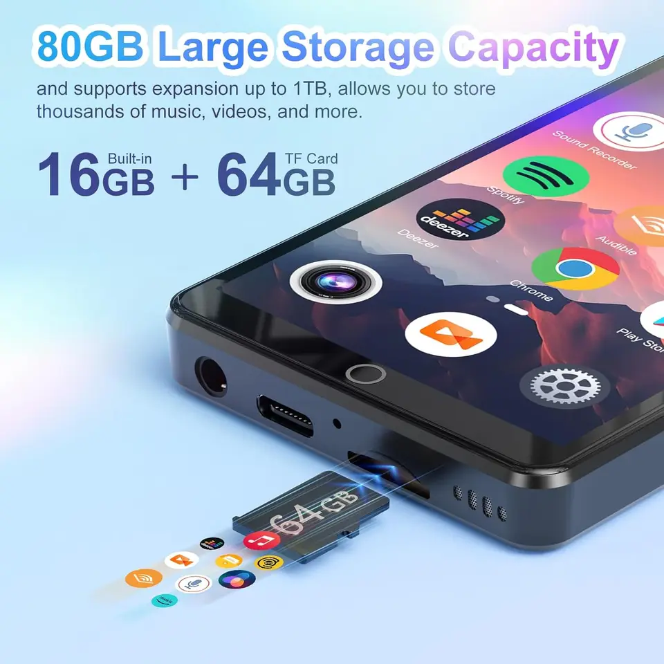 MP3-speler met Bluetooth en WiFi, Oilsky 80GB 4 Inch Android 9.0 Mp3, 1080P Touchscreen MP4-speler, Draagbare muziekspeler met Spotify, Hoorbaar, Deezer (Zwart MP3-speler met Bluetooth en WiFi, Oilsky 80GB 4 Inch Android 9.0 Mp3, 1080P Touchscreen MP4-speler, Draagbare muziekspeler met Spotify, Hoorbaar, Deezer (Zwart