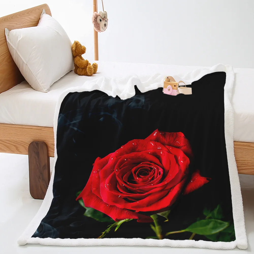 

3D Red Rose Flower Throw Blankets on Beds Sofa Sherpa Travel Picnic Blanket Soft Warm Bedspreads Plush Quilt Cover Romantic Gift