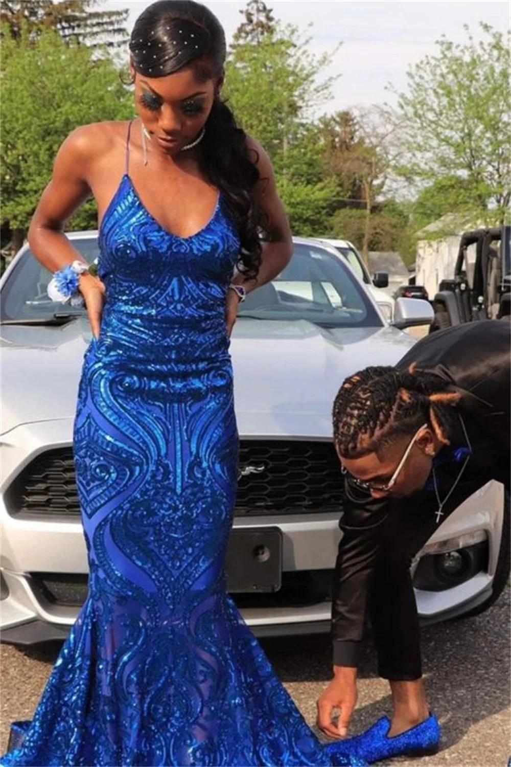 

Chic Royal Blue Sequin Mermaid Prom Dresses Long Sexy Spaghetti Straps Backless Evening Prom Gowns Vestido de Festa