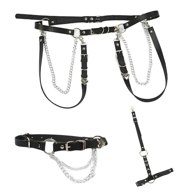 Grommet Belt Women Jeans Synthetic Leather Punk Aesthetic Waist Belts with Chain