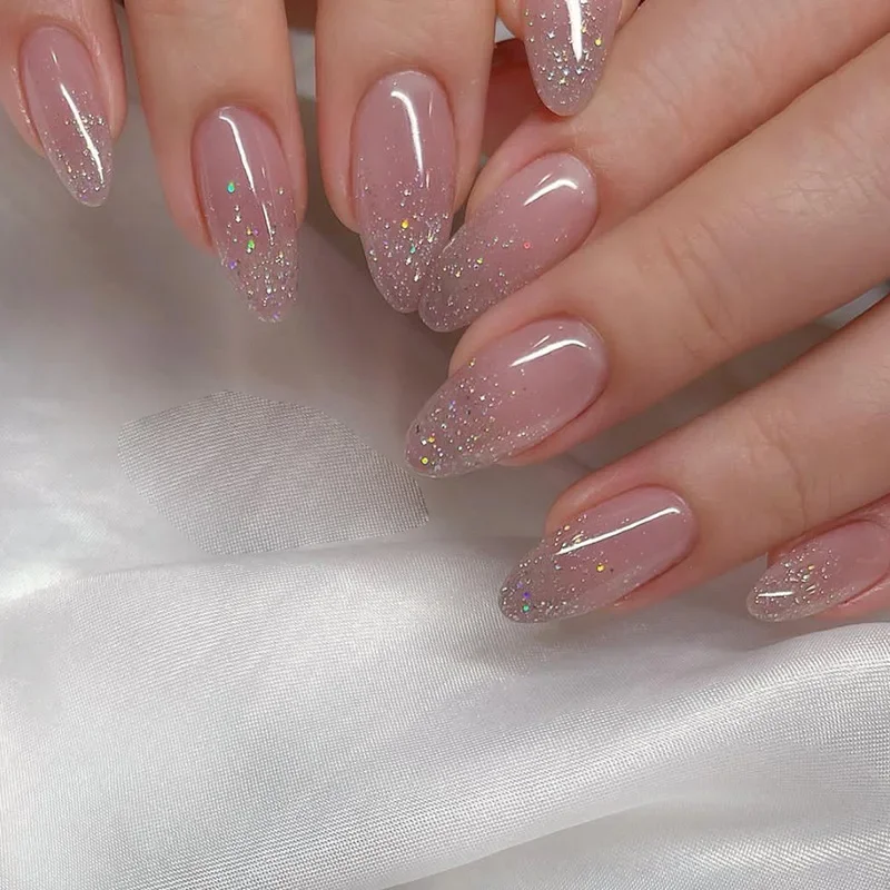 24Pcs Simple Pink Press on Nails Shiny Glitter False Nail Long Almond Fake Nails with Glue Wearable Acrylic Full Cover Nail Tips
