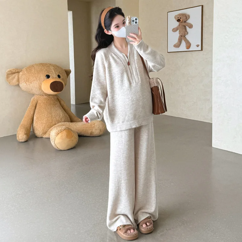 임부복 봄 가을 2026 심플 캐주얼 부드럽고 편안한 지퍼 스웨터와 와이드 레그 팬츠 투피스 세트