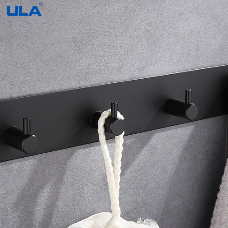 ULA Black 5 Wall Hooks Self-Adhesive Coat Hook Dress Hanger Stainless Steel Towel Holder Bathroom Kitchen Accessories Save Space