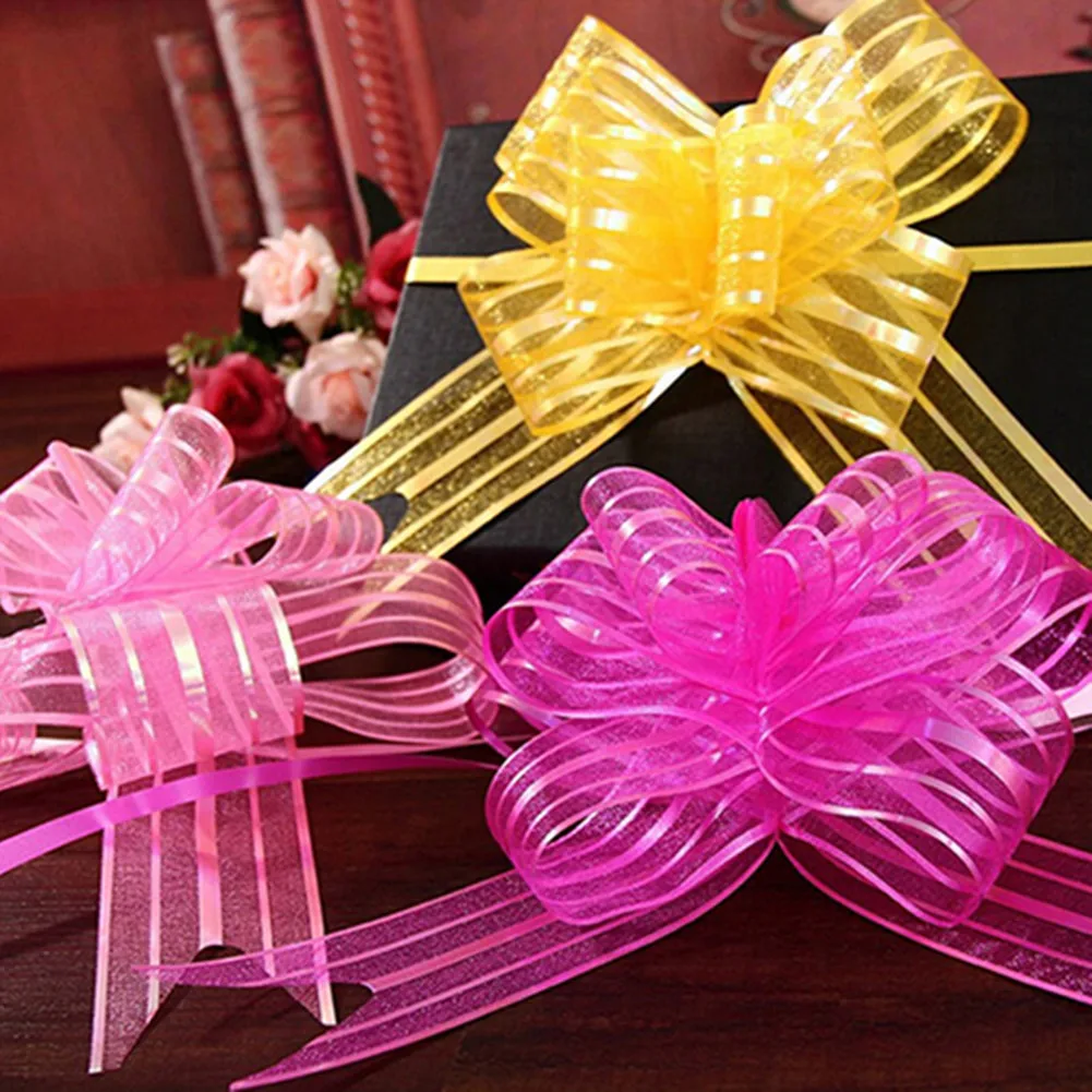 10 Pcs Pull Bows for Gift Wrapping, White with Golden Thread Decoration Pull Bow,for Presents Package and Basket Decoration, Wedding Decoration