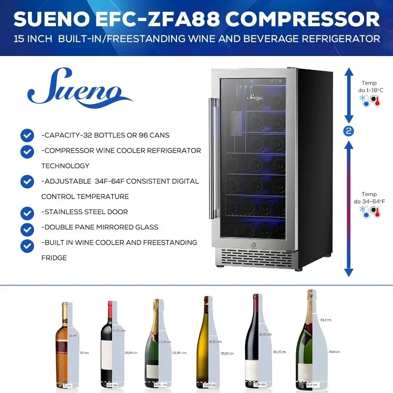 SUENO 15&ldquo; Built-In/Freestanding Wine Cooler Refrigerator 32 Bottles or 96 Cans Digital Touch Control Stainless Steel Mirror