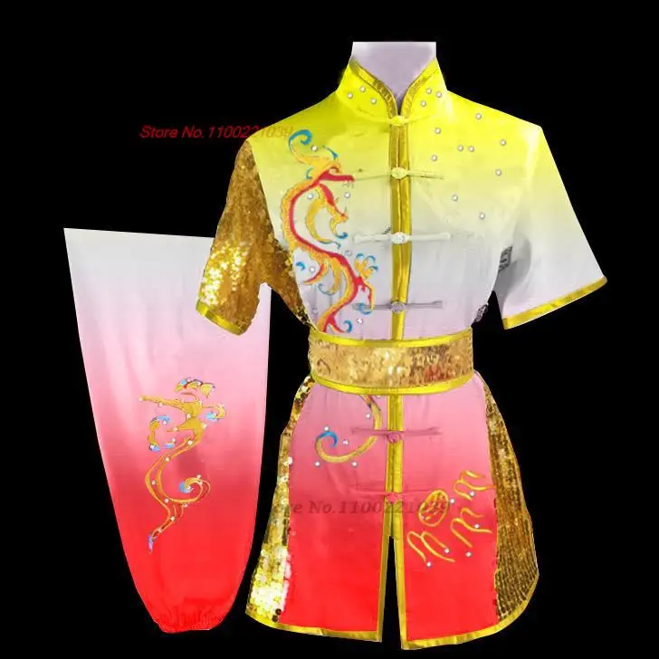 Traditional Chinese Wushu Kung Fu Set Sequin Dragon Embroidery Shaolin Uniform Kungfu Stage Performance Tops + Pant + Belt Set chinese traditional costume